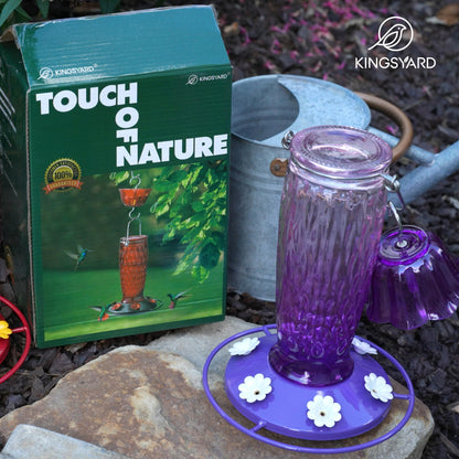 Kingsyard Hummingbird Feeders for Outdoors Hanging, 24 Ounce, Glass Hummingbird Feeder with Ant Moat & 6 Feeding Ports, Leak-Proof, Pink & Purple