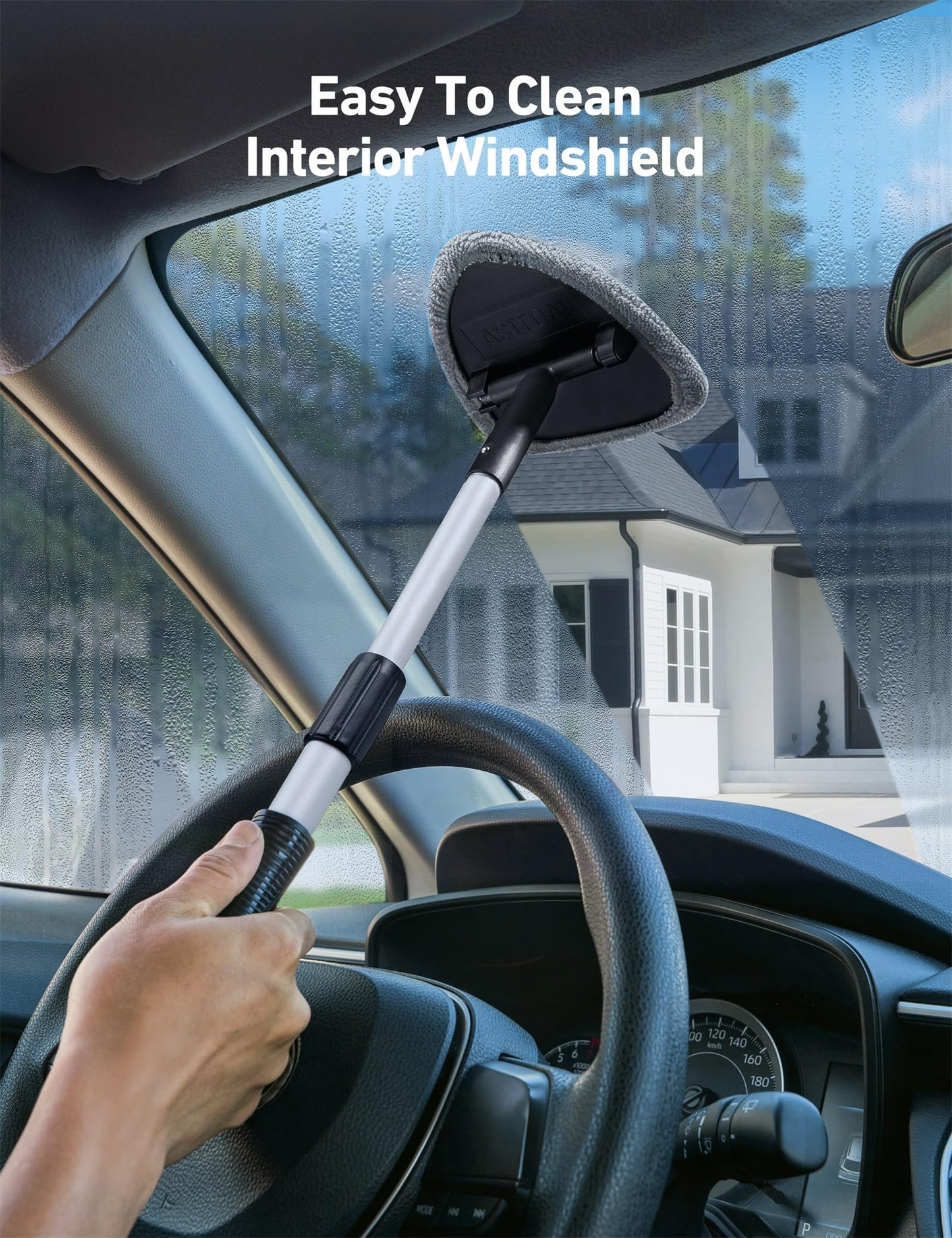 AstroAI Car Window Cleaner, Car Windshield Cleaning Tool with Telescopic and Extendable Handle, Inside with 4 Reusable and Washable Microfiber Pads, Auto Glass Wiper Kit, Grey-Triangle