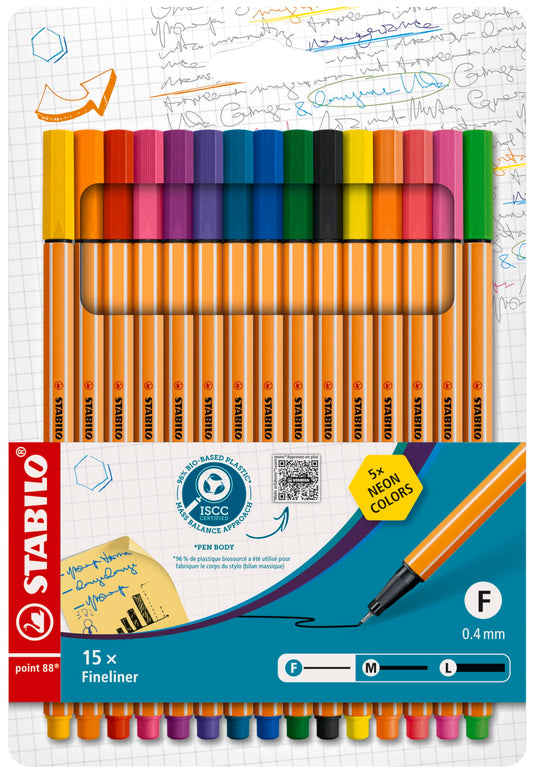 STABILO Fineliner point 88 - Wallet of 15 - Assorted colors including 5 Neon colors