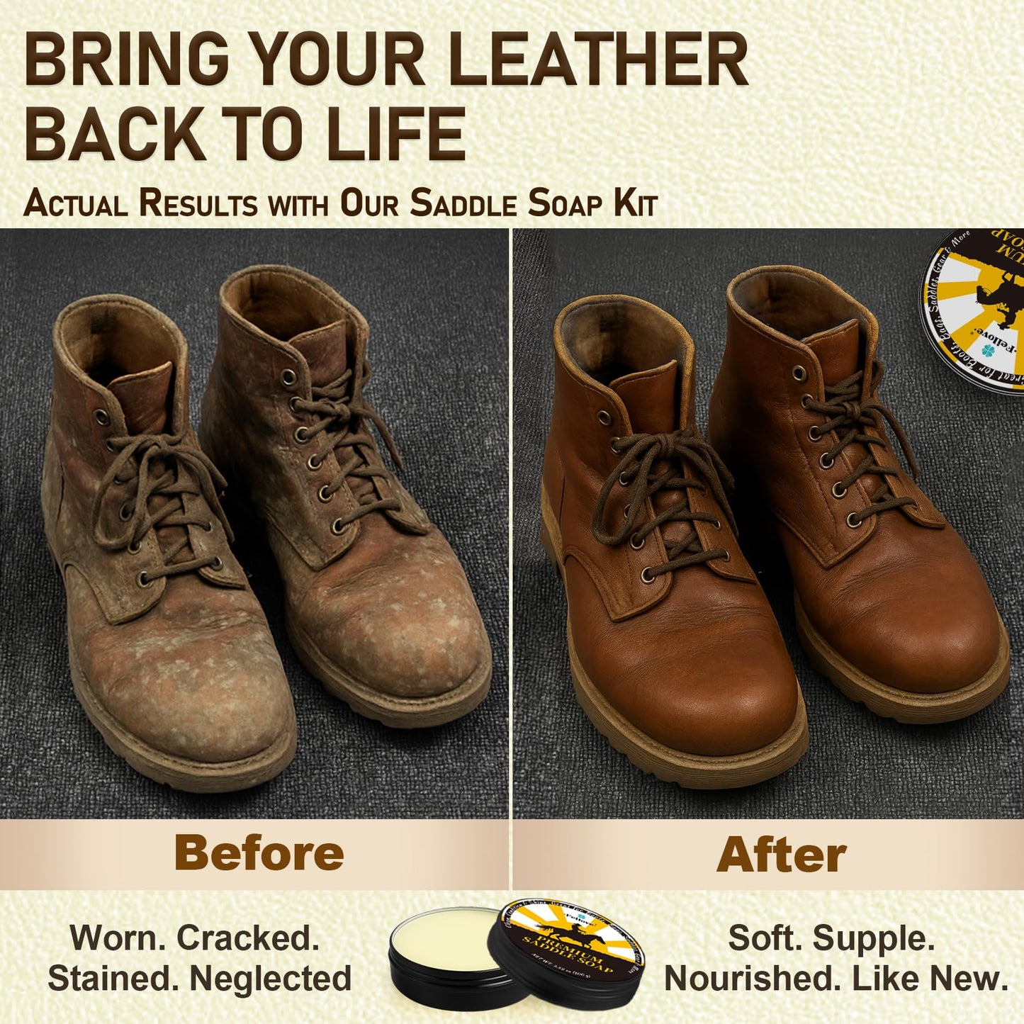 Saddle Soap for Leather – All-Natural 3-in-1 Leather Cleaner & Conditioner Kit with Horsehair Brush & Cloth – For Boots, Bags, Saddles, Car Interiors, Shoes 3.52oz