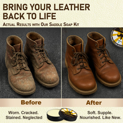 Saddle Soap for Leather – All-Natural 3-in-1 Leather Cleaner & Conditioner Kit with Horsehair Brush & Cloth – For Boots, Bags, Saddles, Car Interiors, Shoes 3.52oz