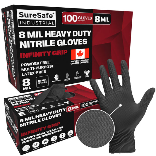 [100 Pack] SURESAFE 8 Mil Nitrile Gloves XL, Black Gloves Disposable, Powder & Latex Free, Diamond Grip, Fully Textured & Ribbed, For Work, Mechanics, BBQ, Butcher, Plumbing, Food Prep
