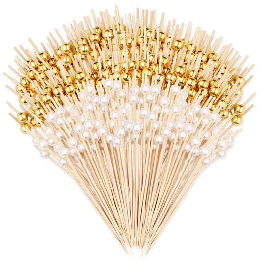 600 Pcs Cocktail Picks skewers for appetizers 4.7” Fancy Toothpicks Bamboo Skewers Wood Drinks Gold White Ball Food Cocktail Sticks for Drinks, Fruit, Party, Wedding Charcuterie Boards Accessories
