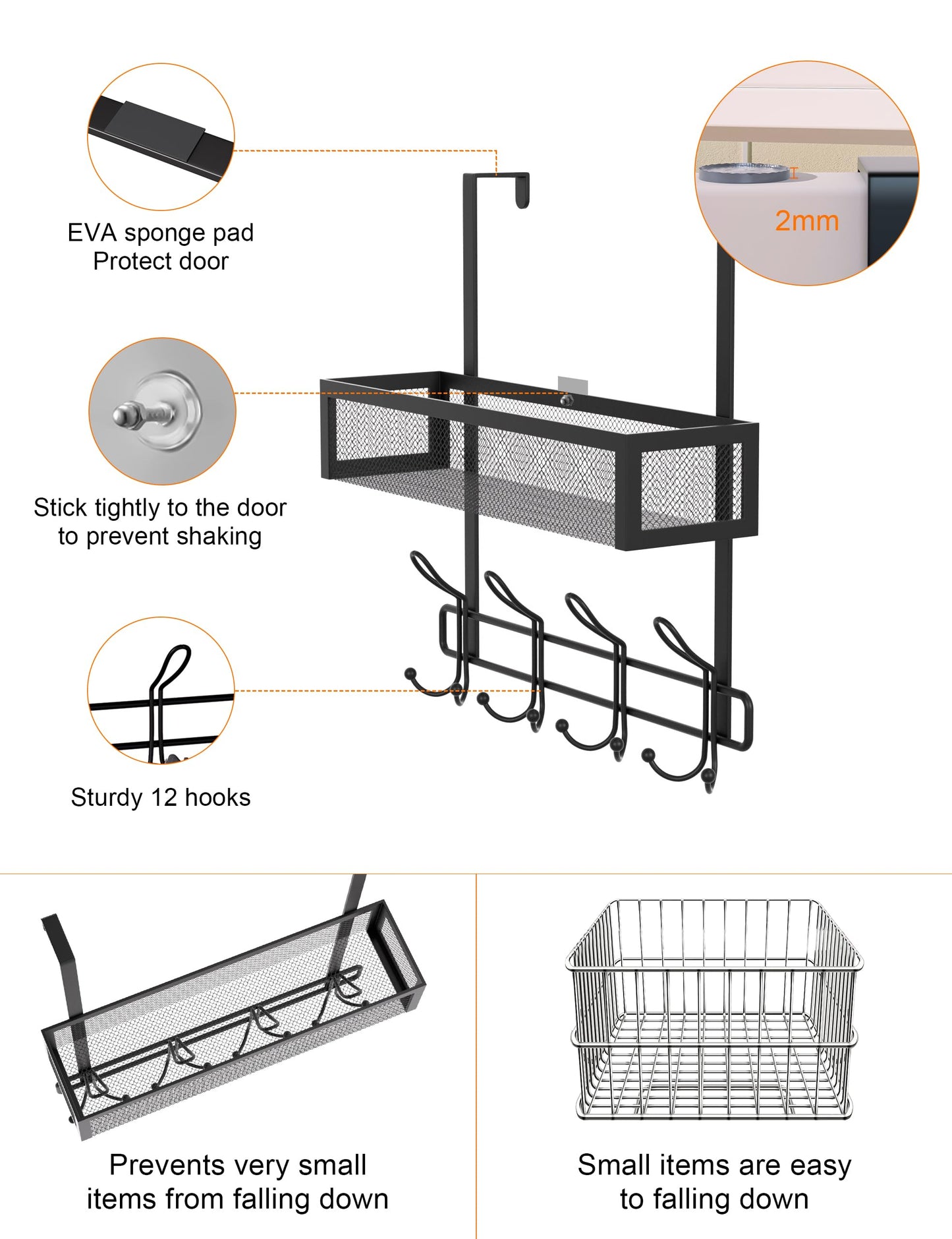 Over The Door Hooks Organizer Storage - Over The Door Hanger for Coat Rack, Over Door Storage with 12 Hooks & 2 Mesh Baskets, for Bathroom,Bedroom,Kitchen,Office (Single Basket)