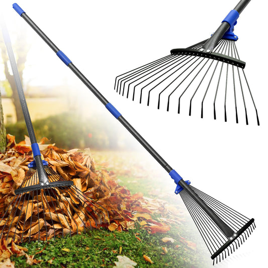 Garden Rake, 53" Long Adjustable Leaf Rake with Expandable Head from 9.5 to 17 inch,Collapsible Lawn Rakes with Adjustable Splicing Handle, Heavy Duty Metal Rakes for Lawn Yard, Flowers Beds
