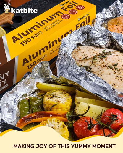 Katbite Aluminum Foil Roll, Heavy Duty 12inx150ft, 30 Micron Thick Strong Foils Aluminum Roll with Cutter for Home Cooking, Catering, Grilling,150Sqft