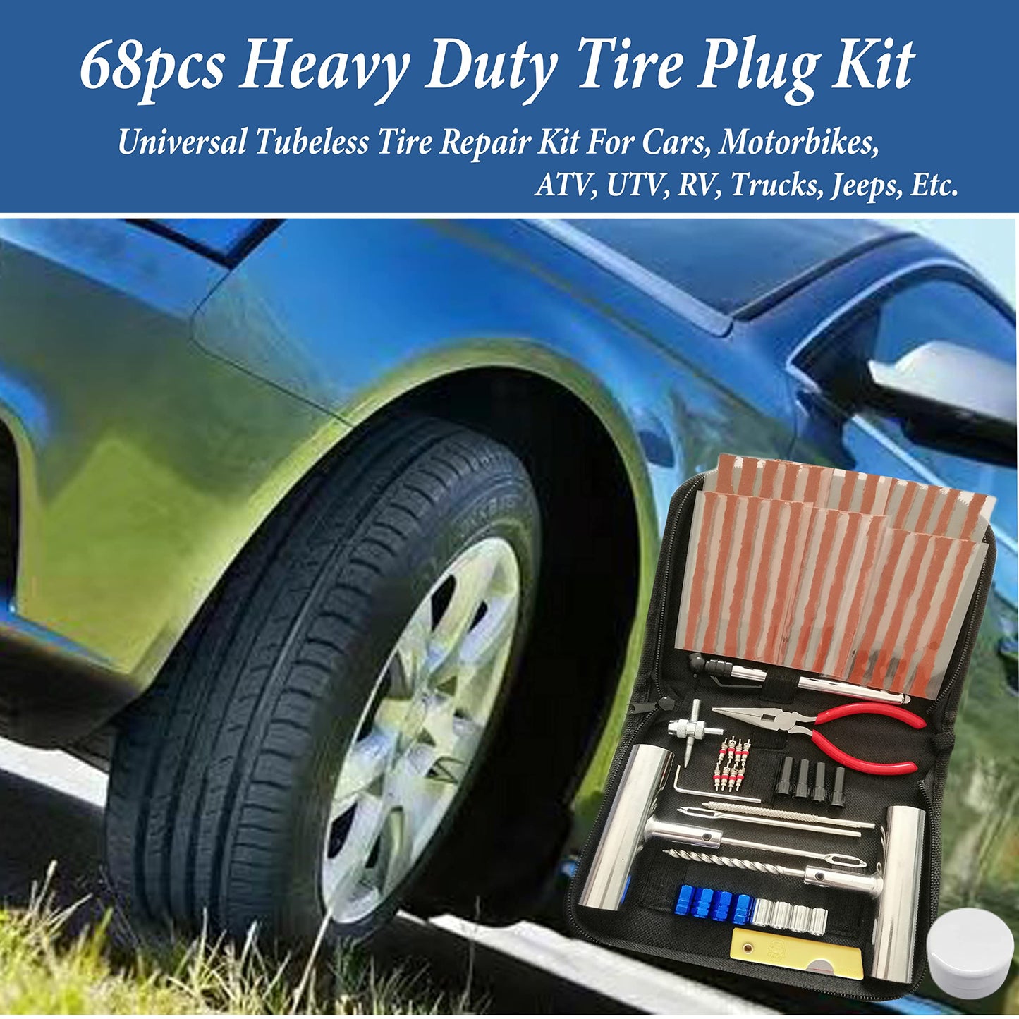 Tire Repair Kit, 68pcs Heavy Duty Tire Plug Kit Universal Flat Tire Puncture Repair Kit for Car, Motorcycle, Truck, SUV, RV, ATV, Tractor, Trailer, Jeep Tubeless Tire Repair Tools with 30 Tire Plugs