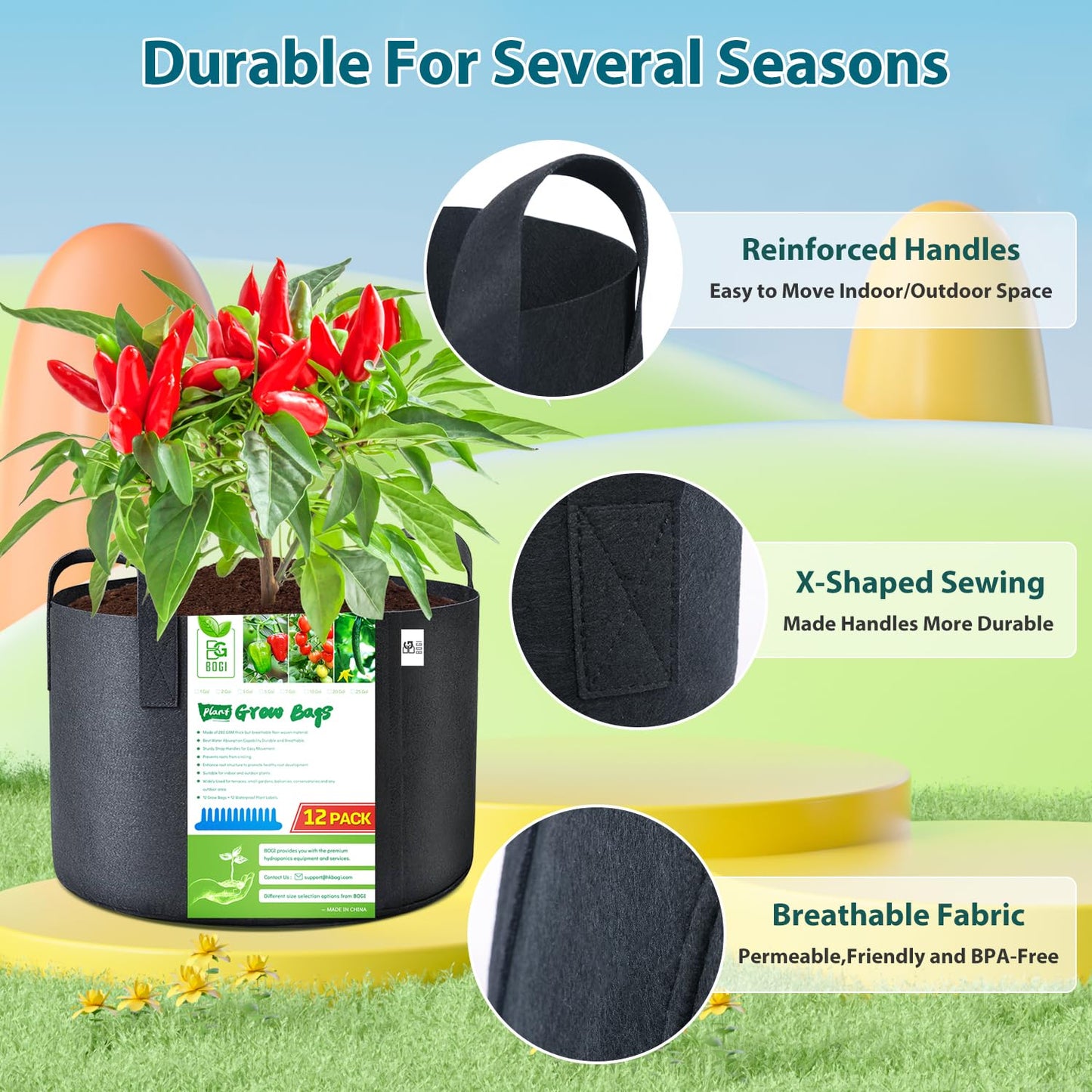 BOGI Grow Bags 12 Pack 5 Gallon Grow Bags Heavy Duty Thickened Nonwoven Grow Bag with Durable Habdles Fabric Pot for Vegetable Flower Potato Garlic Indoor Outdoor Plants + 12 Waterproof Plant Labels