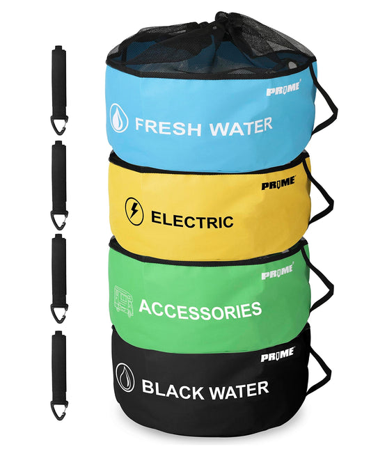 PR1ME 4 Pack Waterproof RV Hose Bag Storage, Utility Bag for Sewer Hose, Camper and RV Accessories, 4 Colors for Sewer and Fresh Water Hoses, Electrical Cords, Camper Tools Accessories