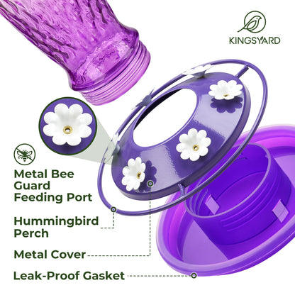 Kingsyard Hummingbird Feeders for Outdoors Hanging, 24 Ounce, Glass Hummingbird Feeder with Ant Moat & 6 Feeding Ports, Leak-Proof, Pink & Purple