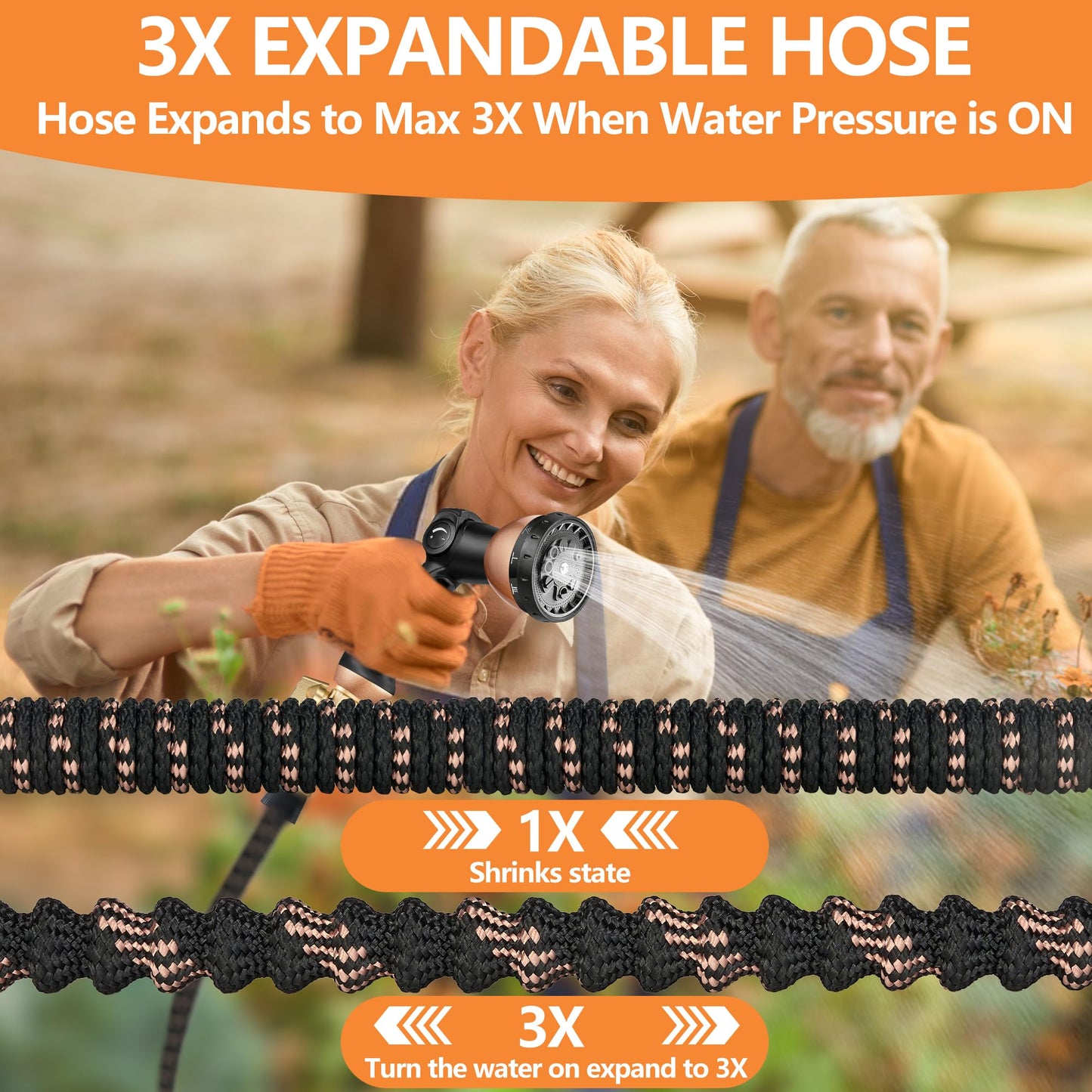 25 Foot Garden Hose – 2026 Upgarded Expandable Garden Hose w/10 Pattern Spray Nozzle, 650psi Brass 3/4” Fittings – Lightweight, Durable, Kink-Free, Retractable Water Hoses for Gardening(Black Gold)