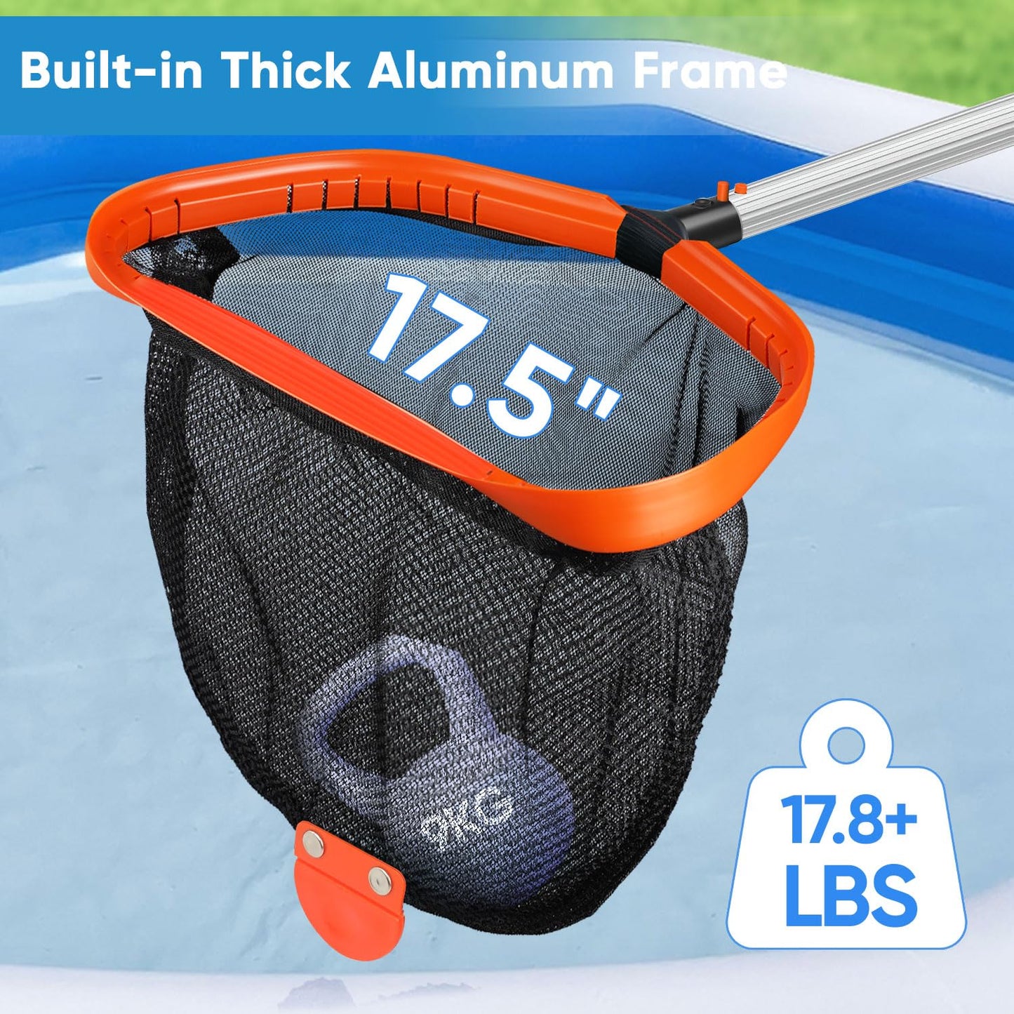 45CM Pool Net, Pool Skimmer Net with Double-Layer Netting Bag, Aluminum Frame, Deep Nylon Net, Large Capacity Pool Cleaning Net, Leaf Skimmer Rake Net for Above Ground & In-ground Pools (No Pole)