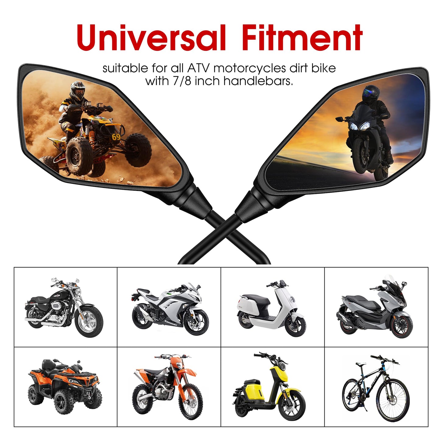 ATV Mirror, Esploratori Motorcycle Rear View Mirrors for Bike Scooter Cruiser with 8mm 10mm Bolt, 7/8" Handle Bar Mount Clamp, Side Rearview Mirrors Compatible with Yamaha Honda Kawasaki Victory