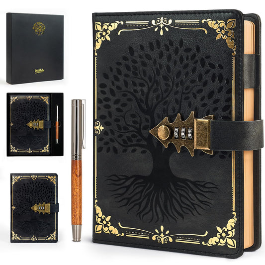 WEMATE Lock Journal with Pen & Gift Box, A5 260 Pages, Refillable, Hardcover Leather Password Notebook for Writing, Vintage Lock Diary for Women, Girls, Men, Students, 8.6 x 5.8 in, Black
