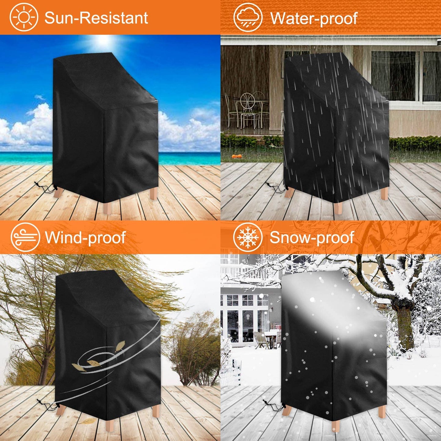 Uranshin 2 Pack Patio Chair Cover, Waterproof, Black, Oxford Cloth, 25.2"L x 25.2"W x 47.24"H