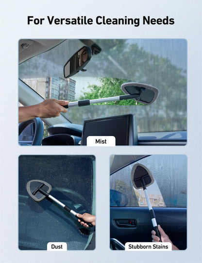 AstroAI Car Window Cleaner, Car Windshield Cleaning Tool with Telescopic and Extendable Handle, Inside with 4 Reusable and Washable Microfiber Pads, Auto Glass Wiper Kit, Grey-Triangle