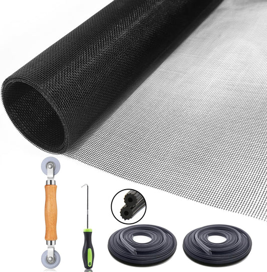 Screen Door Repair Kit Replaceable, 47" x118" Window Screen Repair Kit,Fiberglass Screen Door Mesh with 64ft Spline/Hook/Rolling Tool for Patio Door, Sliding Screen Door Pet Door (120x300cm, Black)