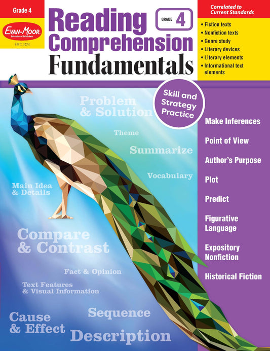 Evan-Moor Reading Comprehension Fundamentals, Grade 4, Homeschool and Classroom Resource Workbook, Reproducible Worksheets, Main Idea, Details, Visual Information, Cause, Effect, Vocabulary, Summarize