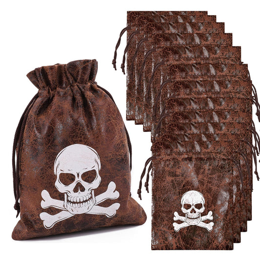 RICHNESS Pirate Loot Bags with Drawstring - Faux Cow Skin Treasure Bags for Party Favors - Pack of 12
