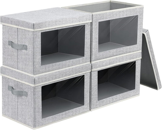 DIMJ Fabric Storage Box with Lid - 4 Pack Closet Foldable Storage Bin with Handle & Clear Window, Decorative Organizer and Storage Basket Containers for Clothes,Bedroom, Office(Ant-Grey)