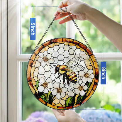 Bee Wildflowers Stained Glass Suncatcher, Stained Glass Window Hanging, 8 Inch Honey Bee Suncatcher, Honeybee Gifts for Garden Lovers, Gifts for Mother's Day, Teacher Gift, Grandma Gift
