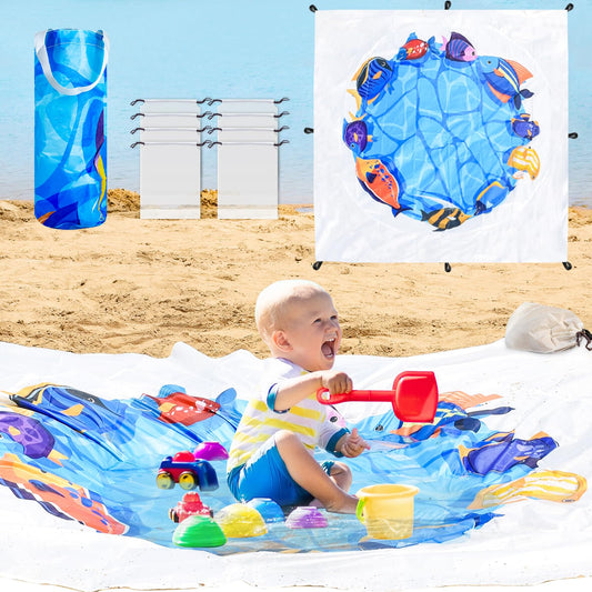 1Pc Beach Pool, 2X2m Portable Pool Blue Beach Mat Paddling Pool with Printed Storage Bag for Boys Girls
