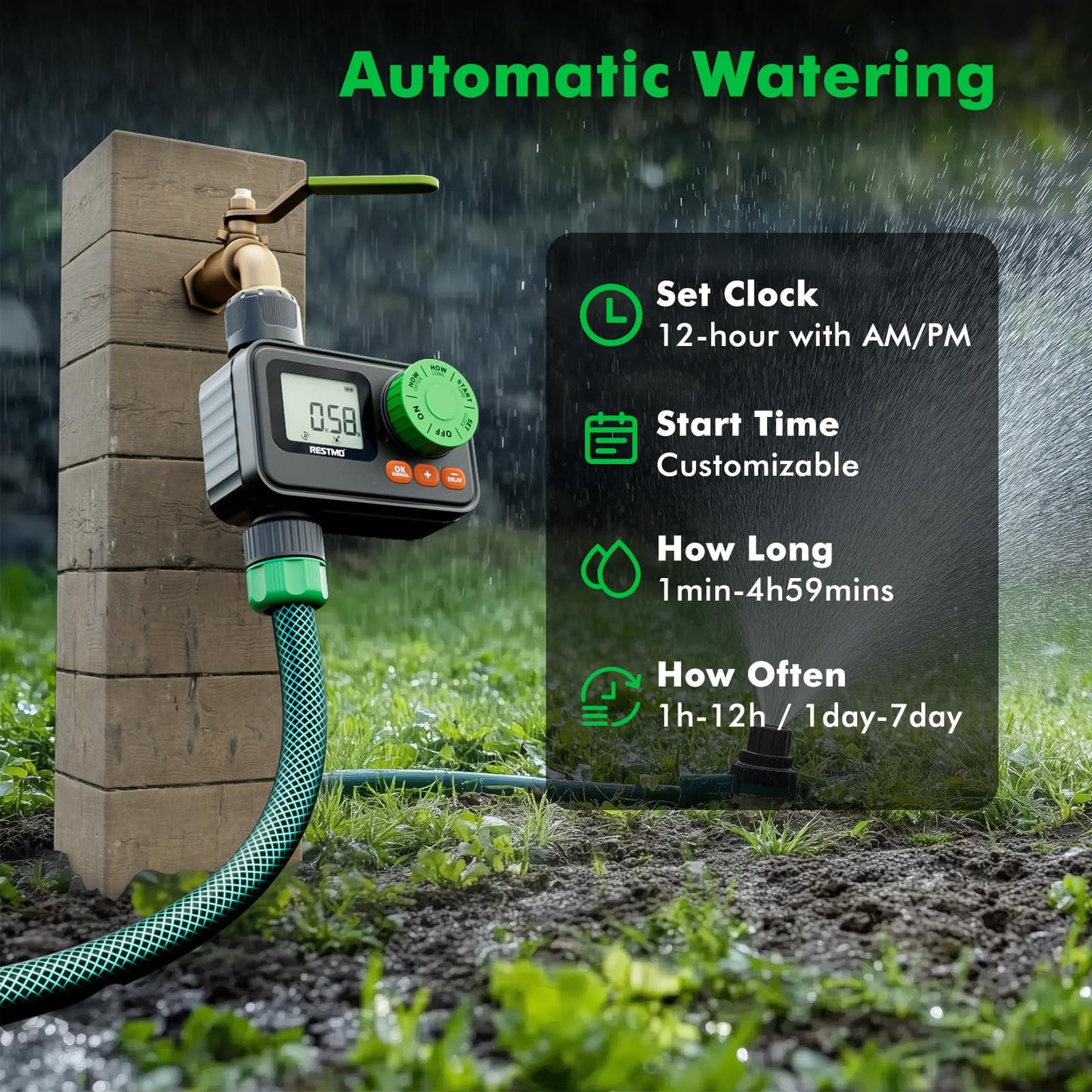 RESTMO Water Timer, Sprinkler Timer for Garden Hose, Programmable Hose Timer with Automatic/Rain Delay/Manual Watering, Digital Irrigation Timer for Outdoor Faucet, Yard and Lawn