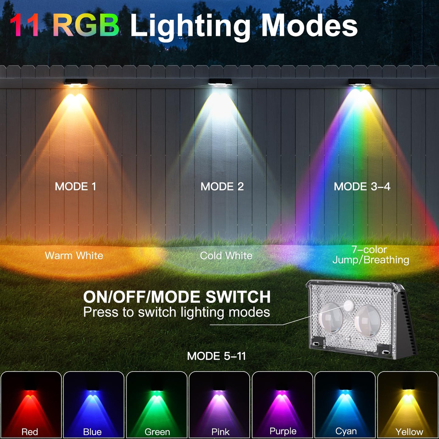 Quntis 4-Pack RGBCW Solar Fence Lights, 11 Color Modes Fence Lights Solar Powered, IP65 Waterproof Solar Deck Lights, Dusk to Dawn Solar Lights Outdoor for Garden Patio Yard Step Wall Porch Holiday