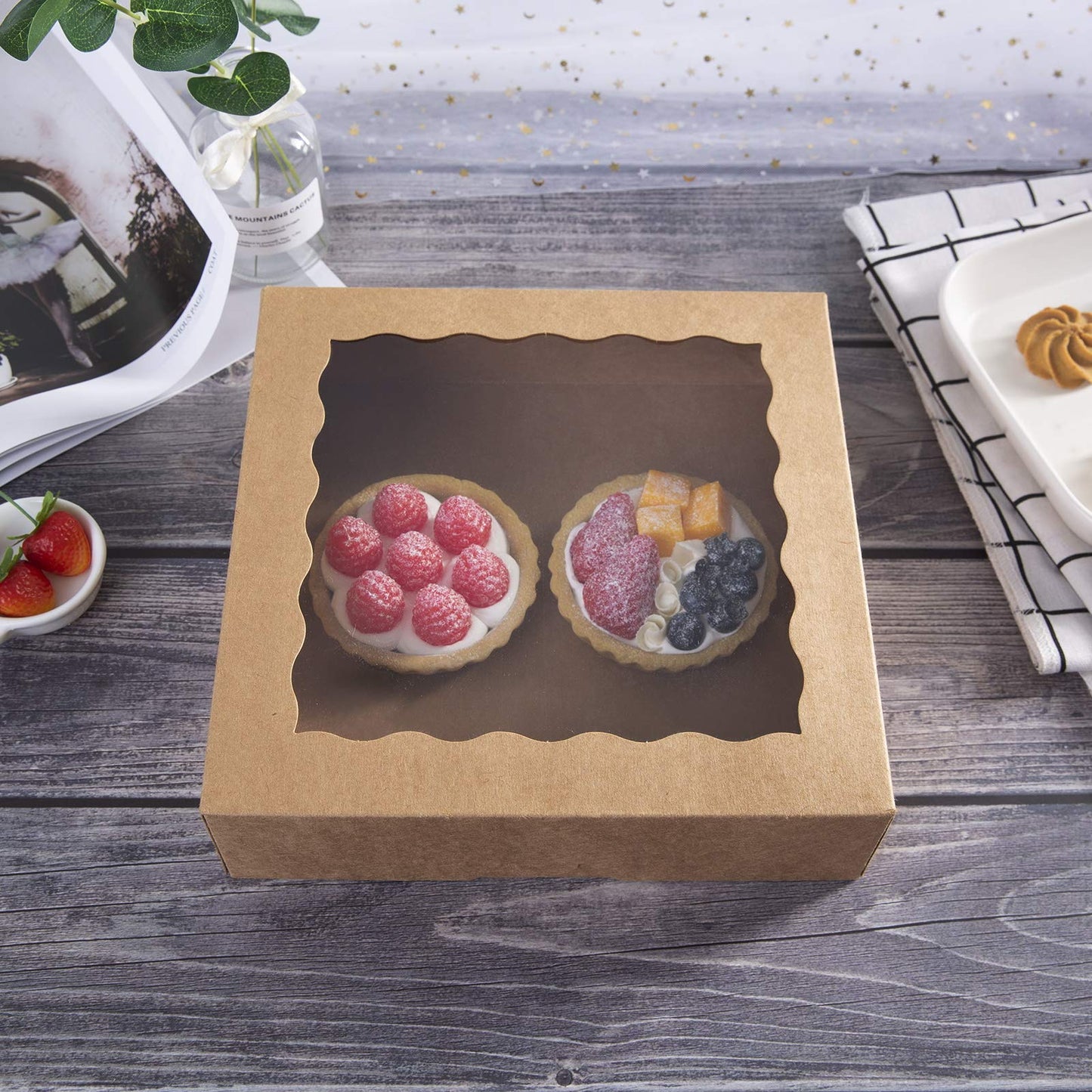 [15pcs]9inch Kraft Bakery Boxes,ONE MORE Large Pie Boxes with PVC Window Natural Disposable box for Cookie 9x9x2.5inch,15 of Pack