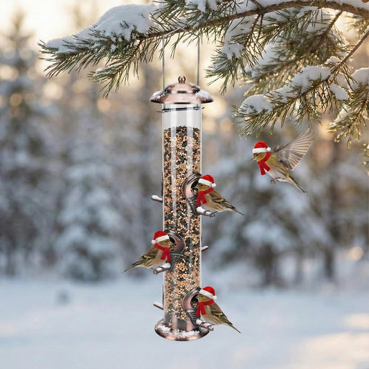 Paidiem Metal Bird Feeder, 14 Inch 6 Port Hanging Bird Feeders for Outdoors, Tubular Bird Feeders for Wild Birds and Sparrows, Brushed Copper Anti Squirrel Bird Feeder