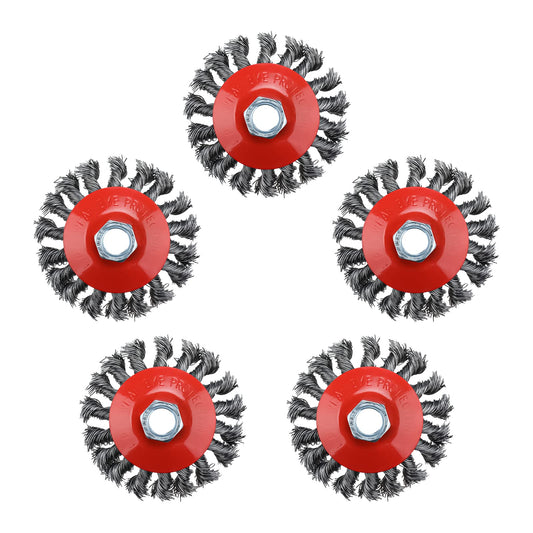 NORJIN 5 Pack 4 Inch Wire Wheel Brush, Twist Knotted Wire Wheel Brush with 5/8 Inch-11 Threaded Arbor, 0.020-Inch
