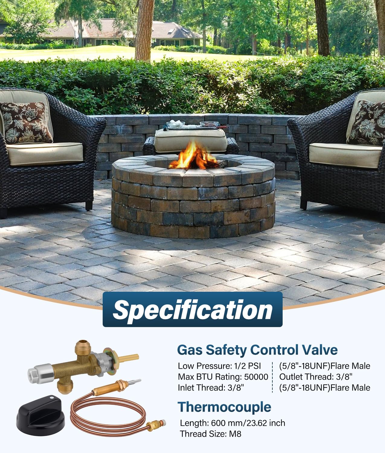 WADEO Fire Pit Control Valve Kit, Fire Pit Flame Failure Safety Control Low Pressure Propane Fire Pit Replacement Part with 3/8" Flare Inlet & Outlet