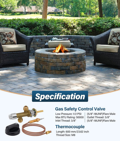WADEO Fire Pit Control Valve Kit, Fire Pit Flame Failure Safety Control Low Pressure Propane Fire Pit Replacement Part with 3/8" Flare Inlet & Outlet