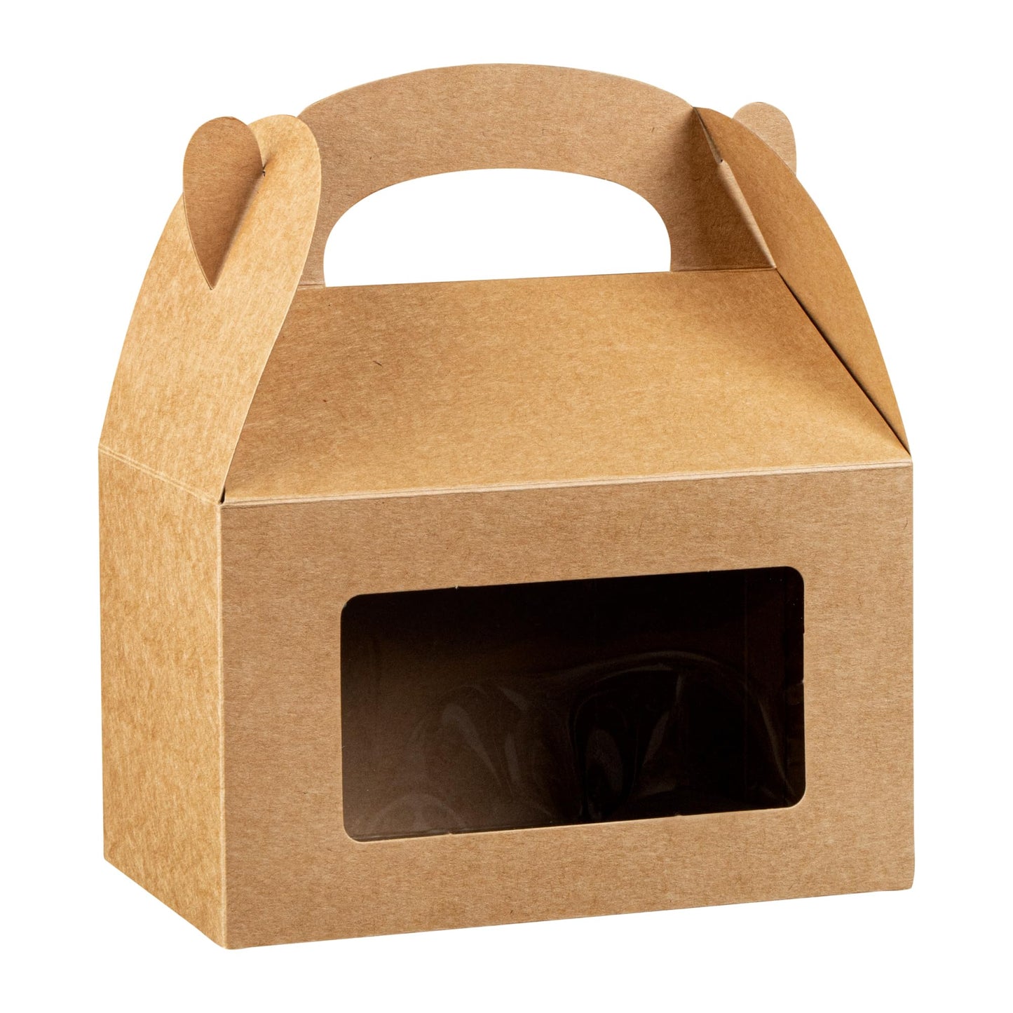 Restaurantware Gable Gift Boxes Pack of 25 Greaseproof Paper Treat Boxes 6 x 3.5 x 3.5 Inches With Window, Disposable Design Kraft Containers for Weddings or Birthdays