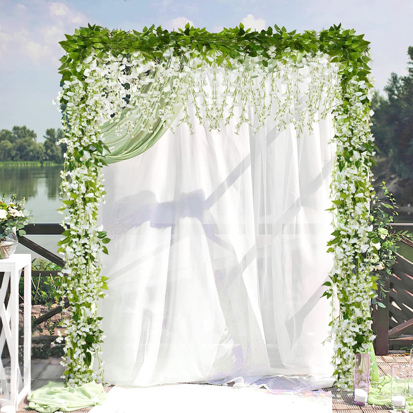 KHOYIME Wisteria Artificial Flowers Garland, 4Pcs 6.8Ft/Piece Artificial Wisteria Vine Silk Hanging Flower for Home Garden Outdoor Ceremony Wedding Arch Floral Decor (White)