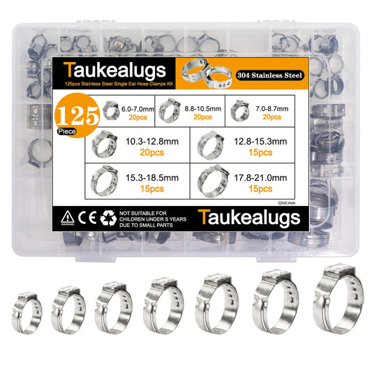 125PCS Single Ear Hose Clamps 7-21mm Sizes 304 Stainless Steel Pipe Fuel Line Clips kit