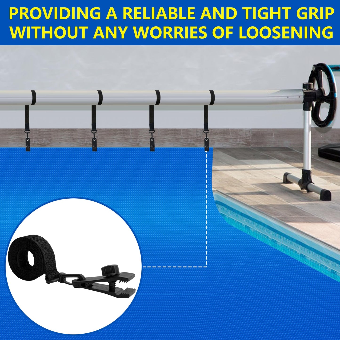 codree 24 Pcs Pool Solar Cover Reel Attachment Kit, Inground Swimming Pool Solar Cover Straps and Clips, Solar Blanket Strap Kit Including 8 Straps with Hooks, 8 Clips and 8 Touch Fastener