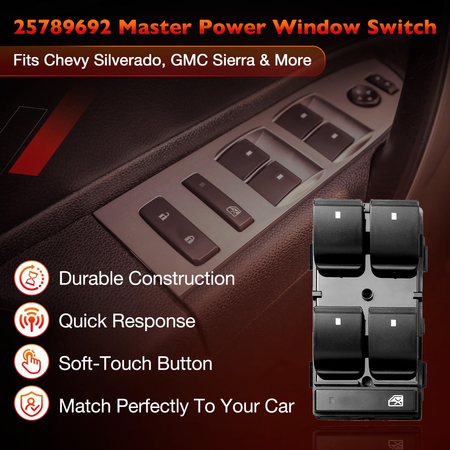 Drive Side Power Window Master Control Switch for | Chevy Silverado 1500 2500HD 3500HD,Traverse,HHR,GMC Sierra 1500 2500HD 3500HD,Yukon,Buick Enclave | Replaces OE# 20945129, 25789692, 25951963