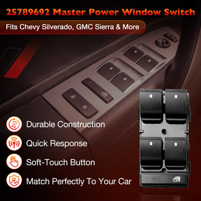 Drive Side Power Window Master Control Switch for | Chevy Silverado 1500 2500HD 3500HD,Traverse,HHR,GMC Sierra 1500 2500HD 3500HD,Yukon,Buick Enclave | Replaces OE# 20945129, 25789692, 25951963
