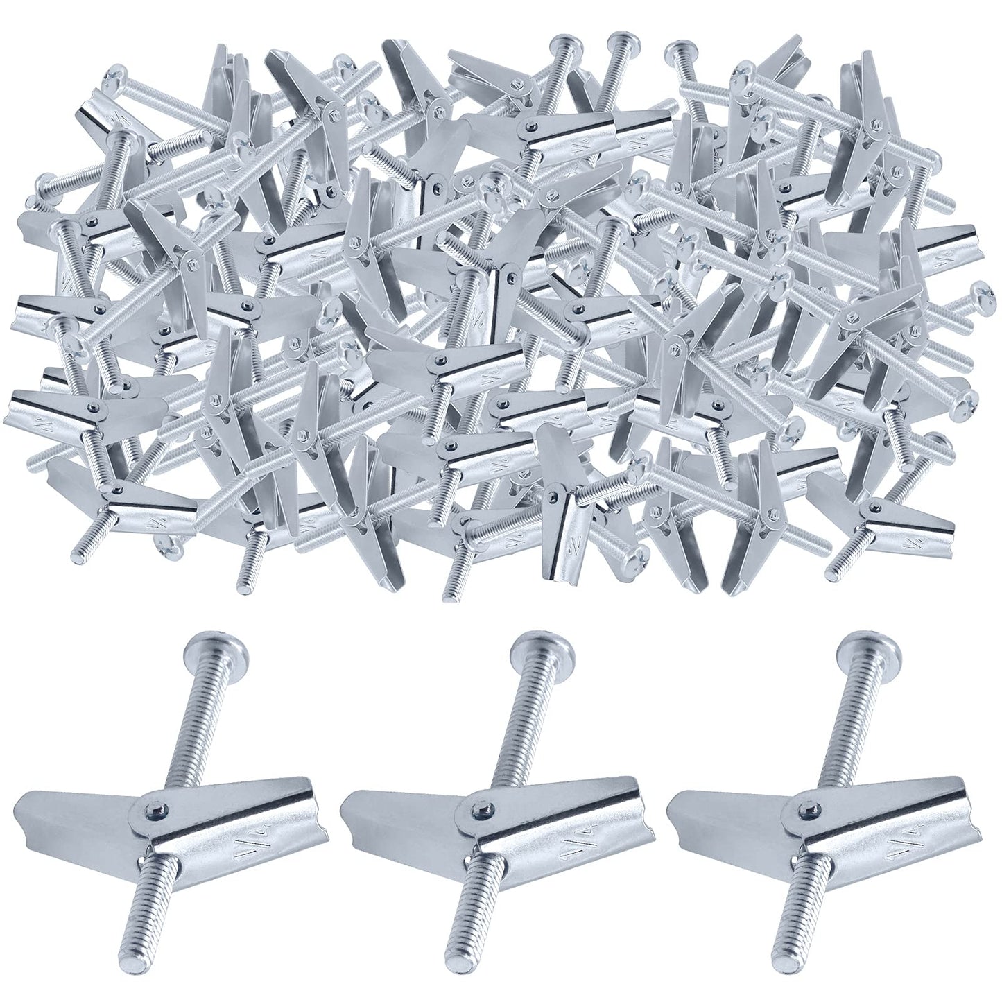 Glarks 60Pcs 1/4'' Zinc Plated Steel Round Head Toggle Bolt and Wing Nut for Hanging Heavy Items on Drywall (1/4'')