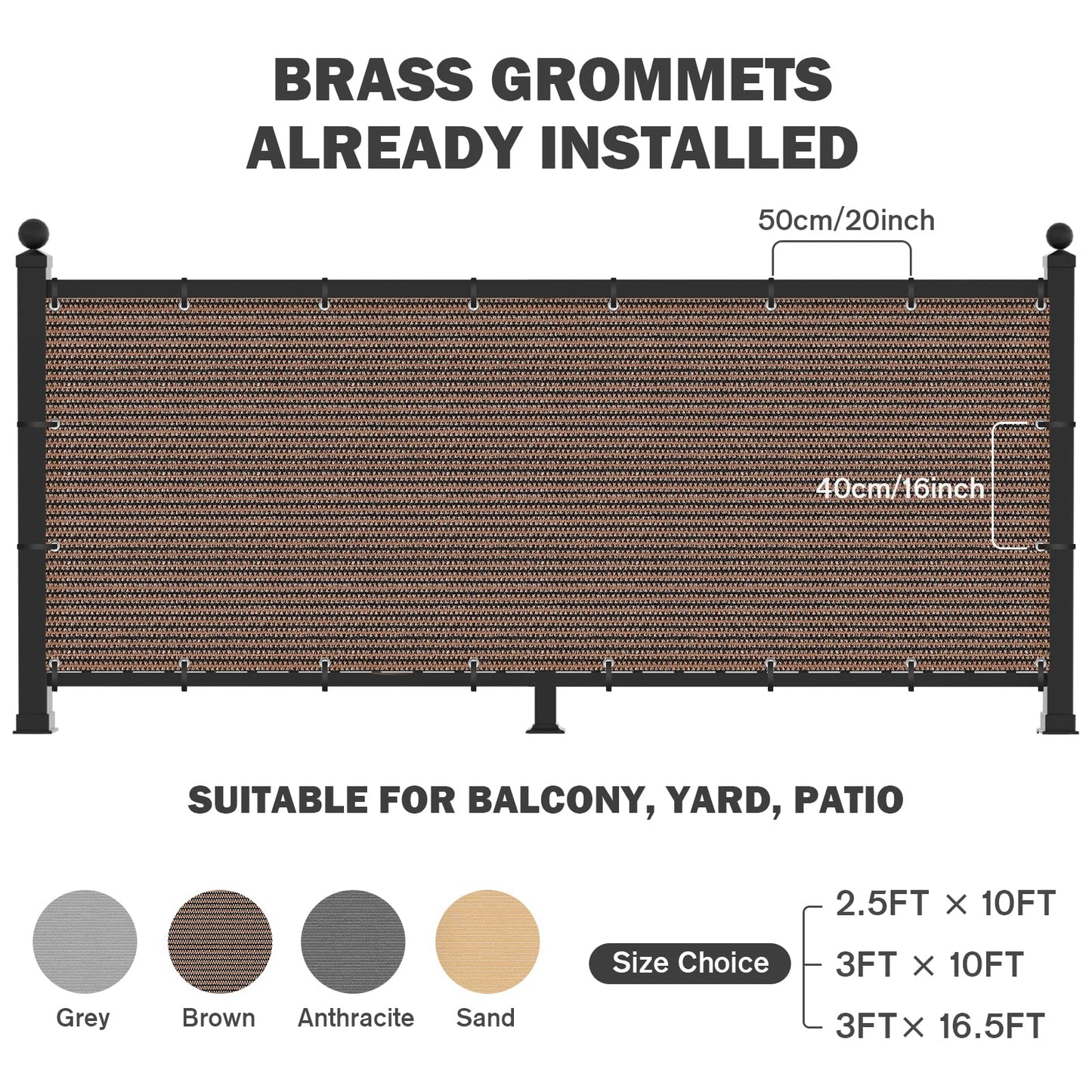 UIRWAY Privacy Screen Balcony Fence 3'x10', Garden Courtyard Privacy Fence Screen with Zip Ties UV Protection, for Animal Barriers, Decks, Patios, Outdoor Pools, Porches, Condo Railings - Brown