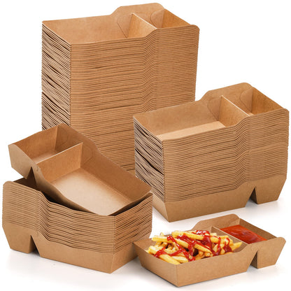 SOUJOY 100 Pack Disposable Kraft Nacho Boat Tray, 2 Compartment Disposable Food Serving Tray, Grease Resistant Heavy Duty Paperboard, Take Out Fast Food Snack Holder Container for Party