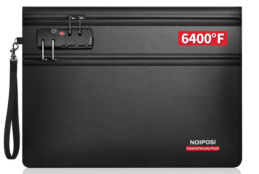 Noiposi 6400℉ Fireproof Document Bag with Lock,Dual-Zip Compartments Fireproof Money Bag for Cash & Documents,12 Layers Heat Insulated Fire Proof Bag,Protects Important Papers,Valuables (Black, L)