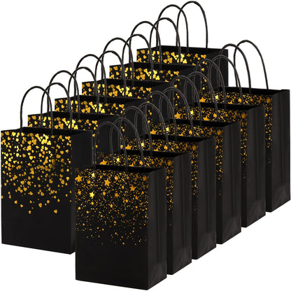 Nicunom 60 Pack Paper Gift Bags, 8.3 x 5.9 x 3.1 Inch Black Gold Gift Bags Bronzing Stars & Heart Gift Bags Bulk Kraft Party Favor Bags with Handle for Wedding Birthday Halloween Mother' Day Christmas Anniversary