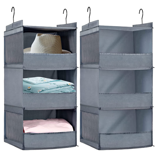 DZOMK 3-Shelf Hanging Closet Organizer, 2 Pack Collapsible Hanging Closet Shelves with 4 Side Pockets for Storage, Hanging Organizer for Closet & RV, 28" H X 12" W X 12" D(Gray)