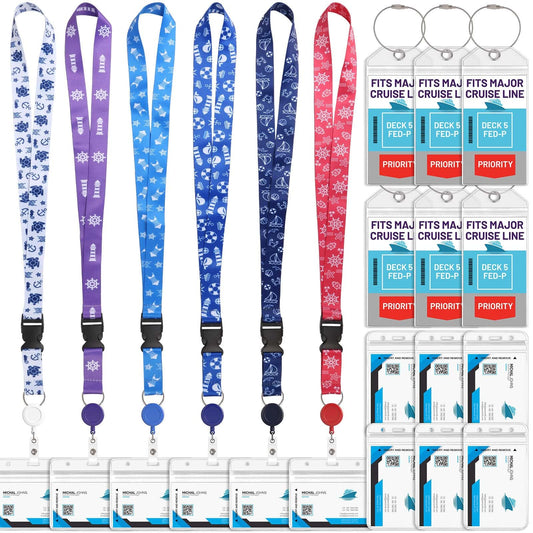6 Pack Lanyards with Ship Card Holders, Retractable Badge Reels with Waterproof Luggage Tags ID Holders for Cruise Essentials Accessories Key Cards