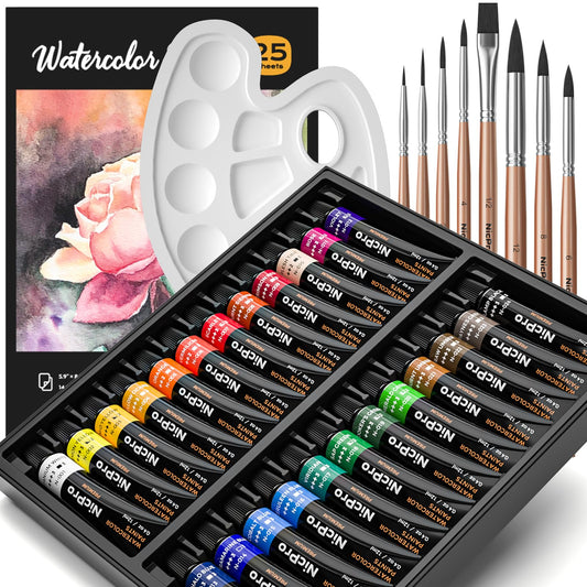 Nicpro 24 Colors Watercolor Paint Set for Adults, Beginner & Artists, Water Colour Paint Tubes Set with 25 Watercolor Paper, 8 Squirrel Paint Brushes, Palettes, Color Wheel, Art Painting Supplies