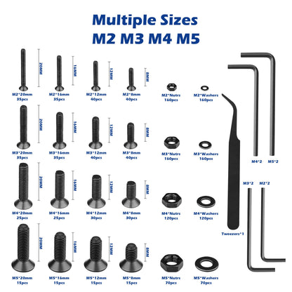 JROUTH 1500pcs Screws Assortment Hex Socket Flat Head Black Screws Nuts and Bolts, M2 M3 M4 M5 10.9 Grade Alloy Steel Hex Flat Head Cap Bolts Nuts Washers Assortment Kit with Hex Wrenches