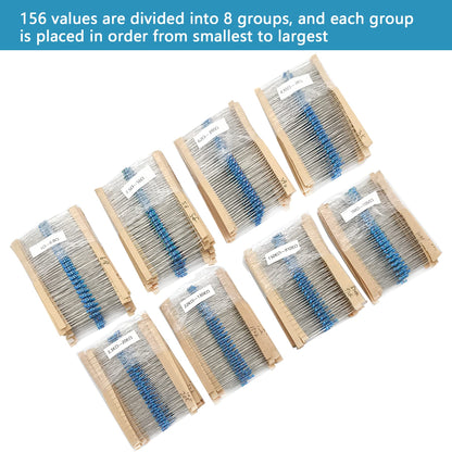 3120pcs 156 Values Metal Film Resistor Kit Minidodoca 1 Ohm-10M Ohm 1/4W 0.25 watt ±1% Tolerance Fixed Resistors Assortment Kit RoHS Compliant 100 1000 1k 10k 100k ohm Resistor Pack for DIY Projects