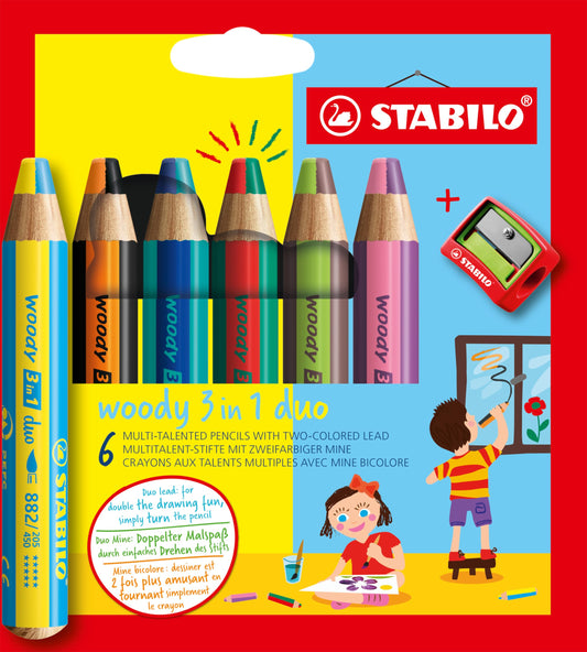STABILO Multi-Talented Pencil woody 3 in 1 duo - Pack of 6 - Assorted Colors with Sharpener